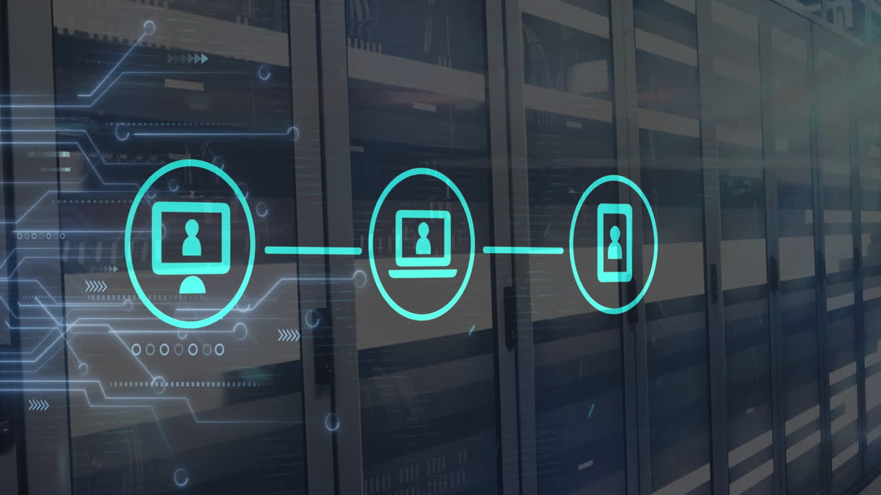 Animation of network of connections with icons and computer circuit board over server room