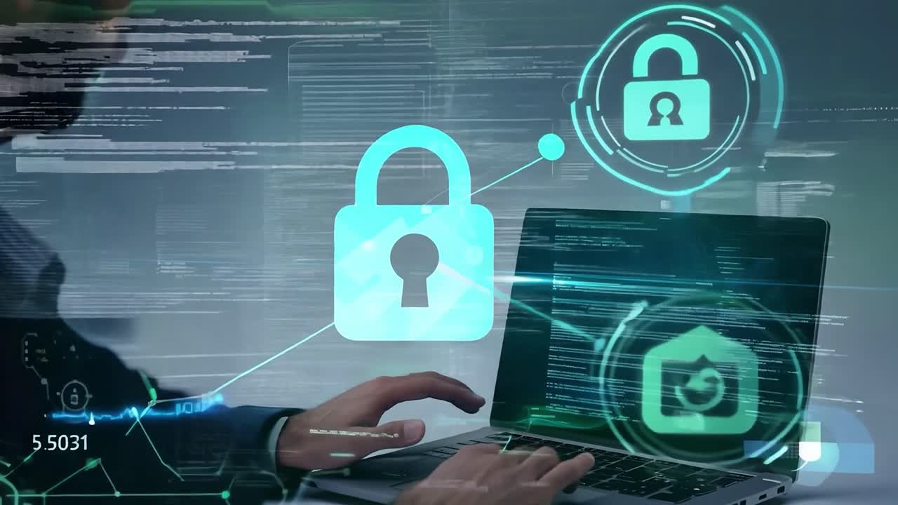hombre trabajando en una computadora portátil con iconos de ciberseguridad