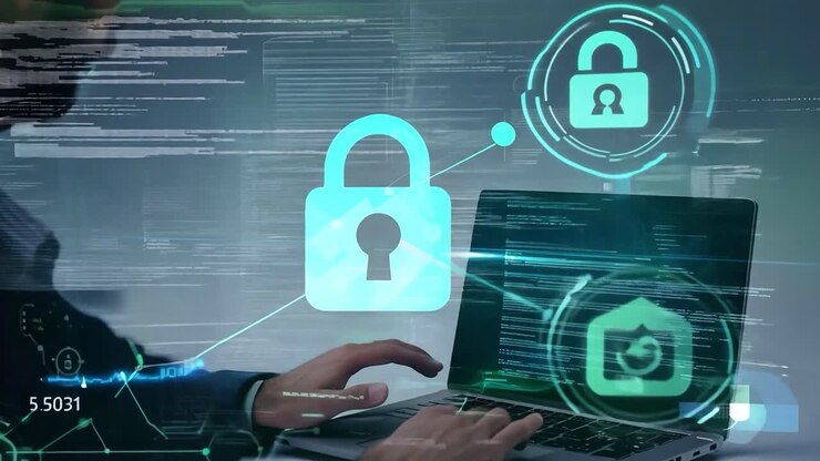 Man Working On Laptop With Cybersecurity Icons