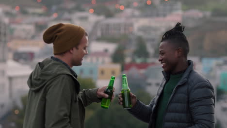 happy friends embrace on rooftop enjoying friendship reunion hanging out drinking refreshing beer chatting sharing view of city skyline at sunset