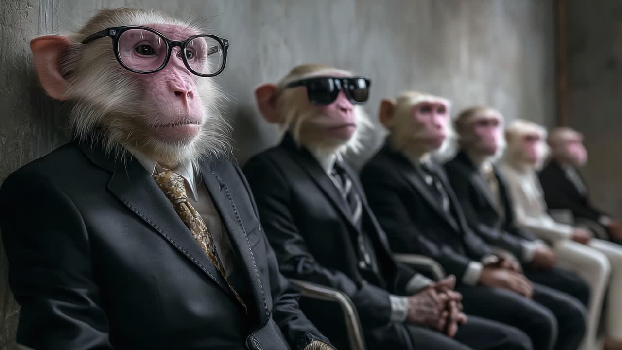 A group of sophisticated monkeys dressed in formal suits and accessories, including glasses, waiting in a line, showcasing an unexpected blend of intelligence and humor in a corporate setting