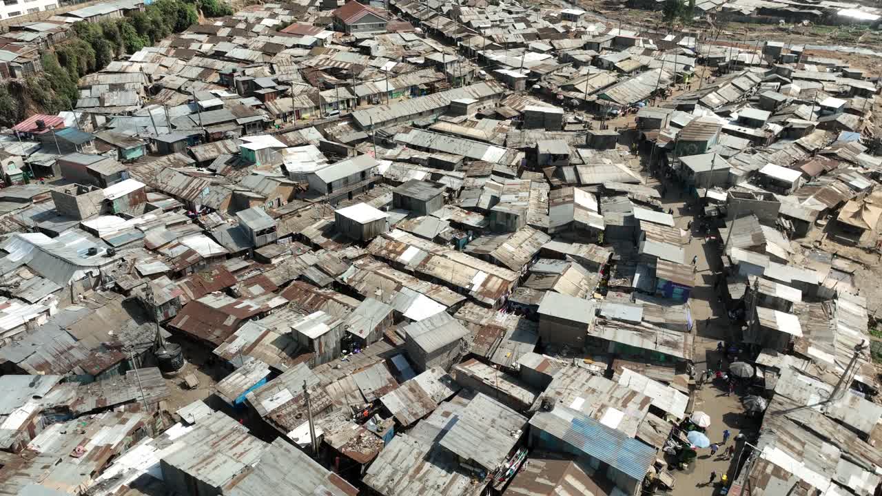 Aerial view of Mathare Slum in Nairobi looking down on tin-roofed houses.