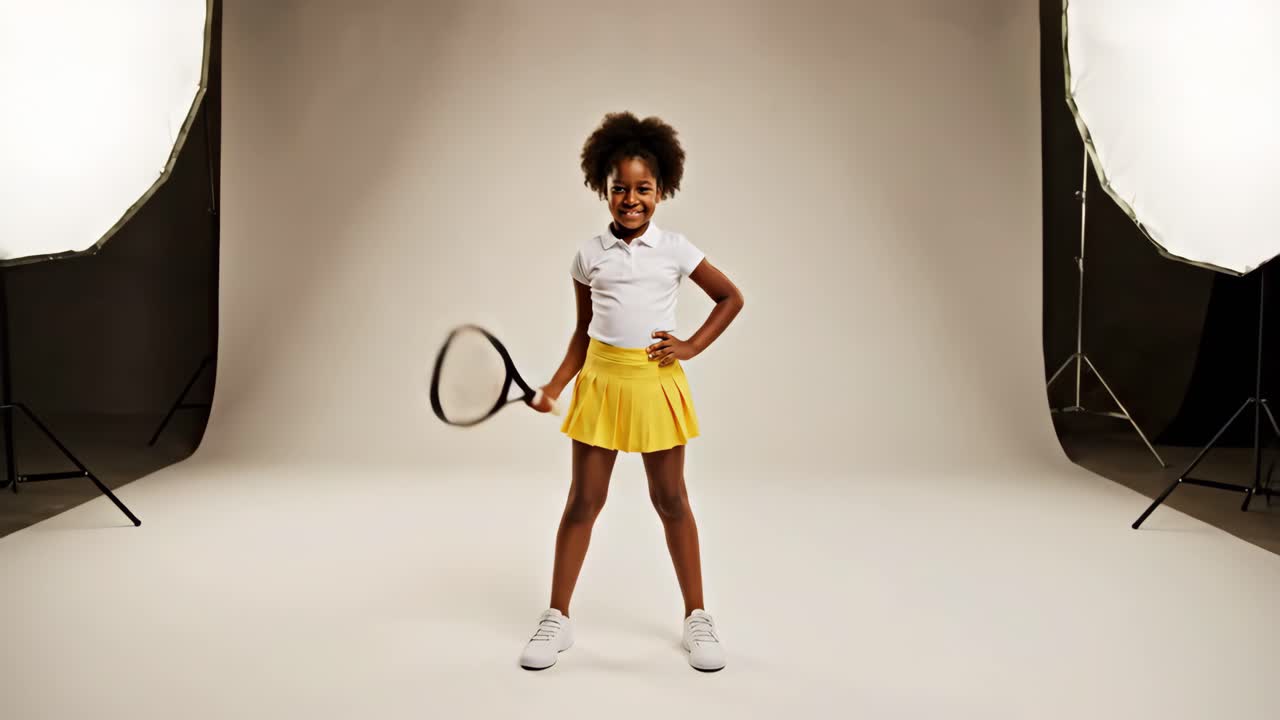 Ung, svart jente med tennisracket