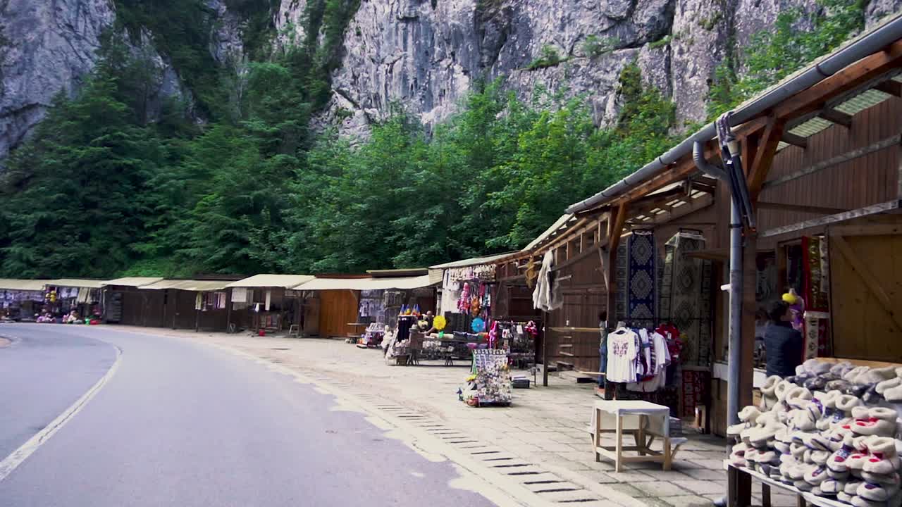 Stalls with traditional romanian products ready for selling to tourists from Carpathian Mountains