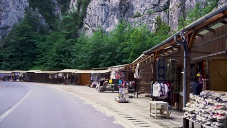 stalls with traditional romanian products ready for selling to tourists from carpathian mountains