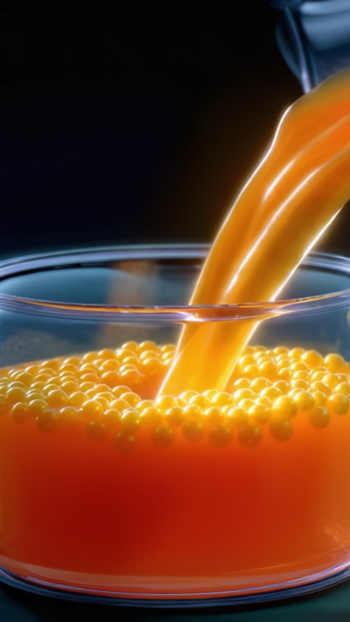 Uno sguardo nel vivido mondo di liquidi e sfere: versando fluido arancione in un contenitore trasparente con perle gelatinose sul fondo.