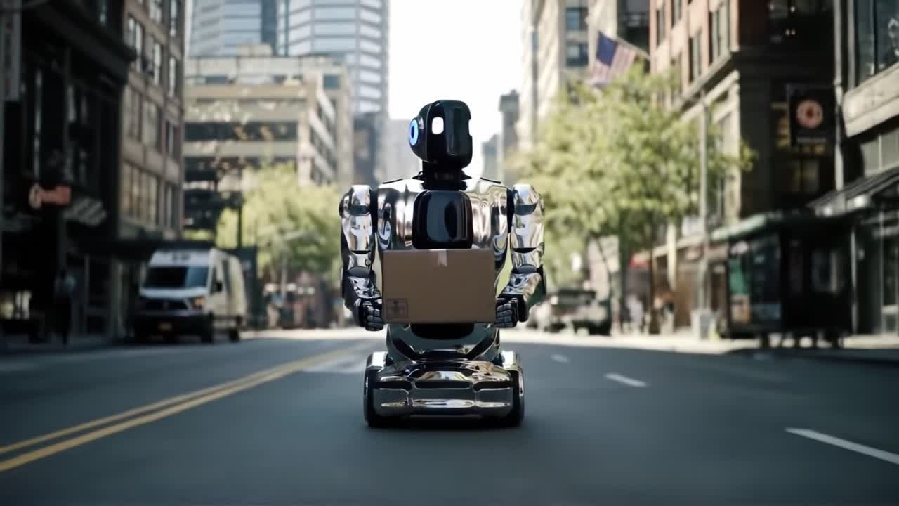 A shiny robotic courier transports a package down a busy urban street filled with modern buildings and greenery. Sunlight enhances the lively atmosphere as people go about their day.