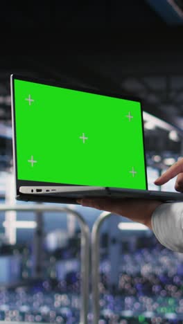 vertical video close up of server room worker using green screen laptop next to colleague