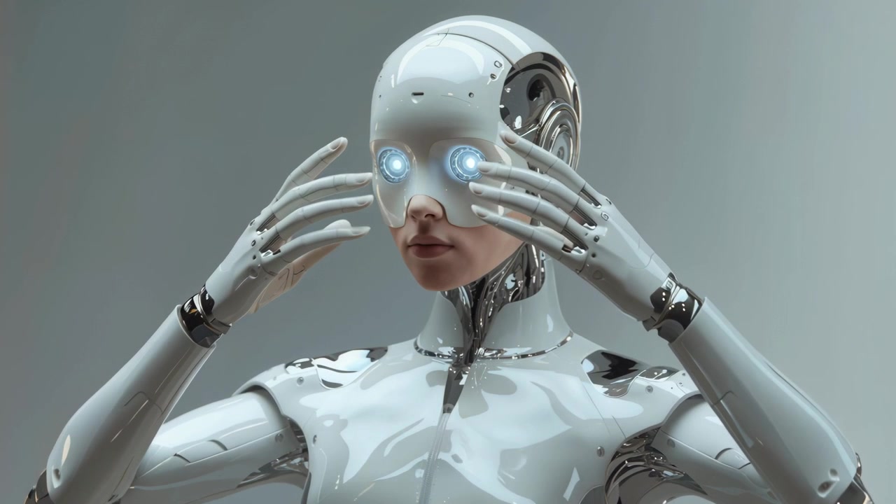 Spostando la copertura umanoide sintetica e poi ritirando le mani in uno studio grigio, attivando i moduli oculari.