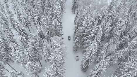 Vista-épica-Aérea-Con-Vistas-A-Un-Camión-En-Una-Carretera-Nevada-En-Un-Bosque-Cubierto-De-Nieve,-En-Un-Día-Nublado-De-Invierno---Disparo-De-Drones,-Disparo-De-Seguimiento,-Sobrecarga