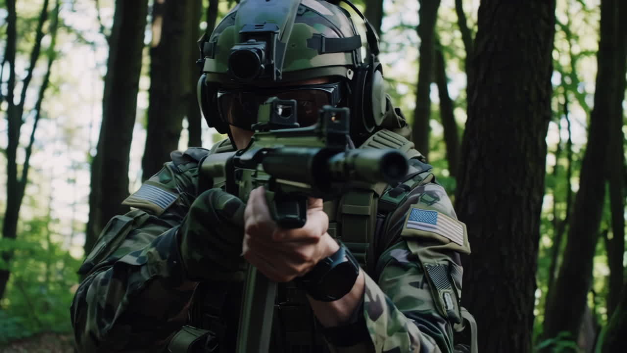 Soldier in Camouflage Uniform with Rifle in Forest