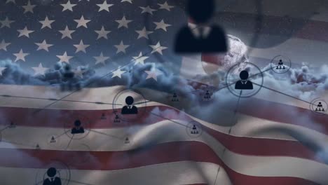 animation of network of connections with icons over flag of united states of america and clouds