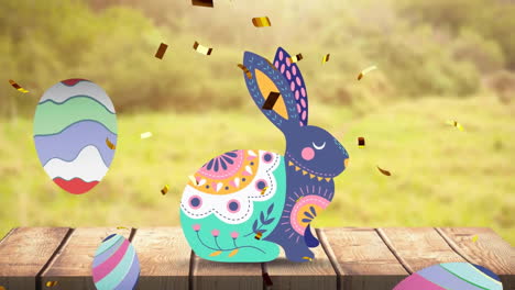 animación de confeti sobre un conejo colorido con huevos de pascua en una mesa de madera en pascua