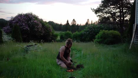 man planting a tree in the garden - wide