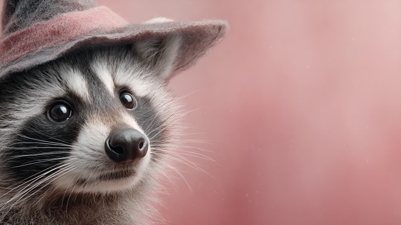 Charming Raccoon Showcasing Personality in a Stylish Hat with Delightful Expression Against a Soft Pink Background