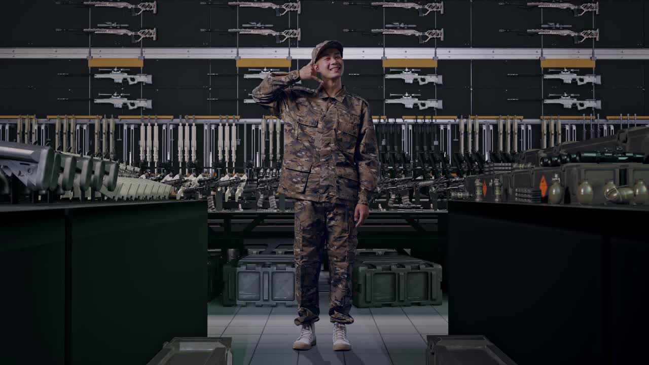 uomo asiatico soldato a figura intera sorridente che fa il gesto "chiamami" verso la camera in un arsenale militare