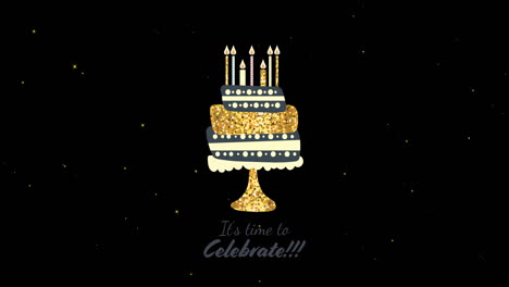 animación de pastel de cumpleaños de oro y velas sobre estrellas blancas que se mueven sobre fondo negro