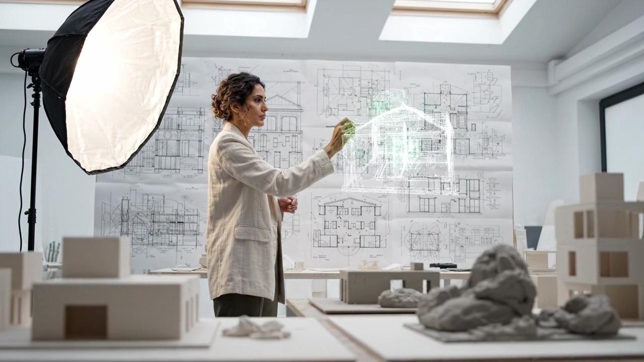 Architetto in studio di design che abbozza concetti di edifici moderni con strumenti digitali, circondato da modelli e disegni architettonici in uno spazio di lavoro luminoso.
