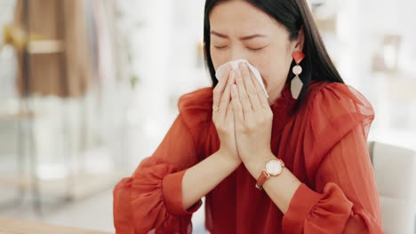 tissue, blowing nose and sick asian woman