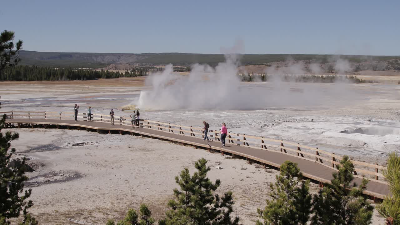 Time-lapse of tourists watching a geyser erupt in Yellowstone National Park