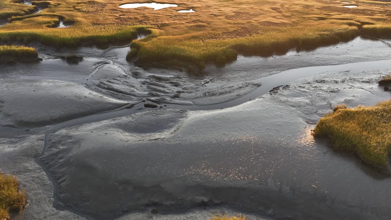 Salt Marshlands At Sunrise In Cape Cod, Barnstable, Massachusetts - Drone Shot