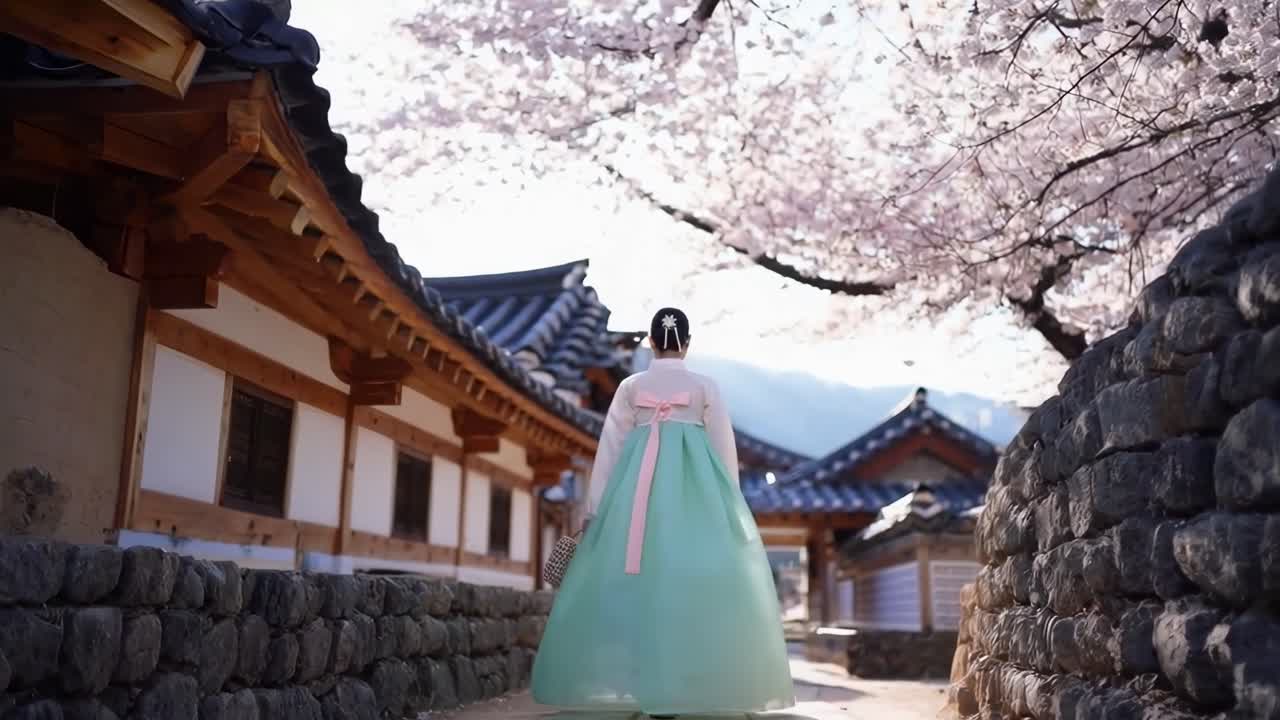 Video da angolazione bassa di una persona in abito tradizionale che cammina sotto i fiori di ciliegio in un ambiente sereno