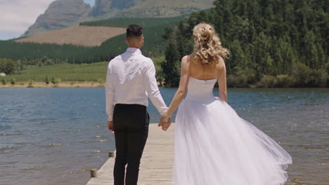 married couple holding hands on jetty looking at beautiful lake bride and groom in love newlyweds enjoying honeymoon sharing romantic adventure for life