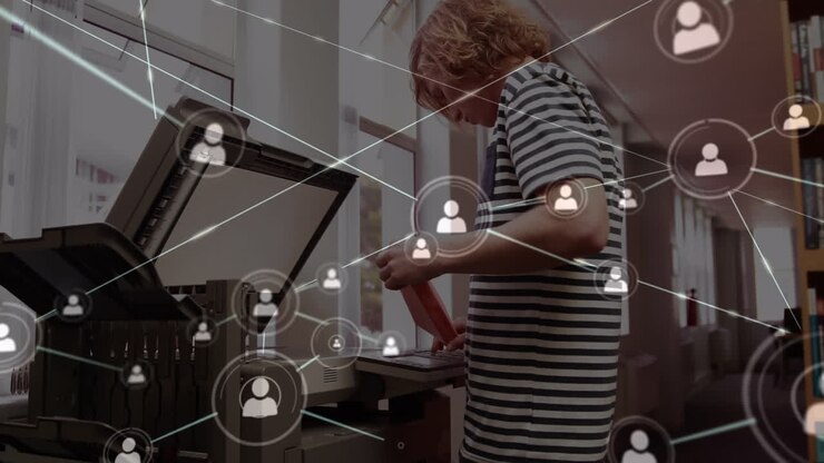 Animation of network of connections over male student using copying machine