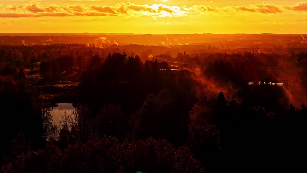 Drohnen-Luftaufnahme eines nebligen Flusses durch einen Wald bei rötlichem Sonnenuntergang