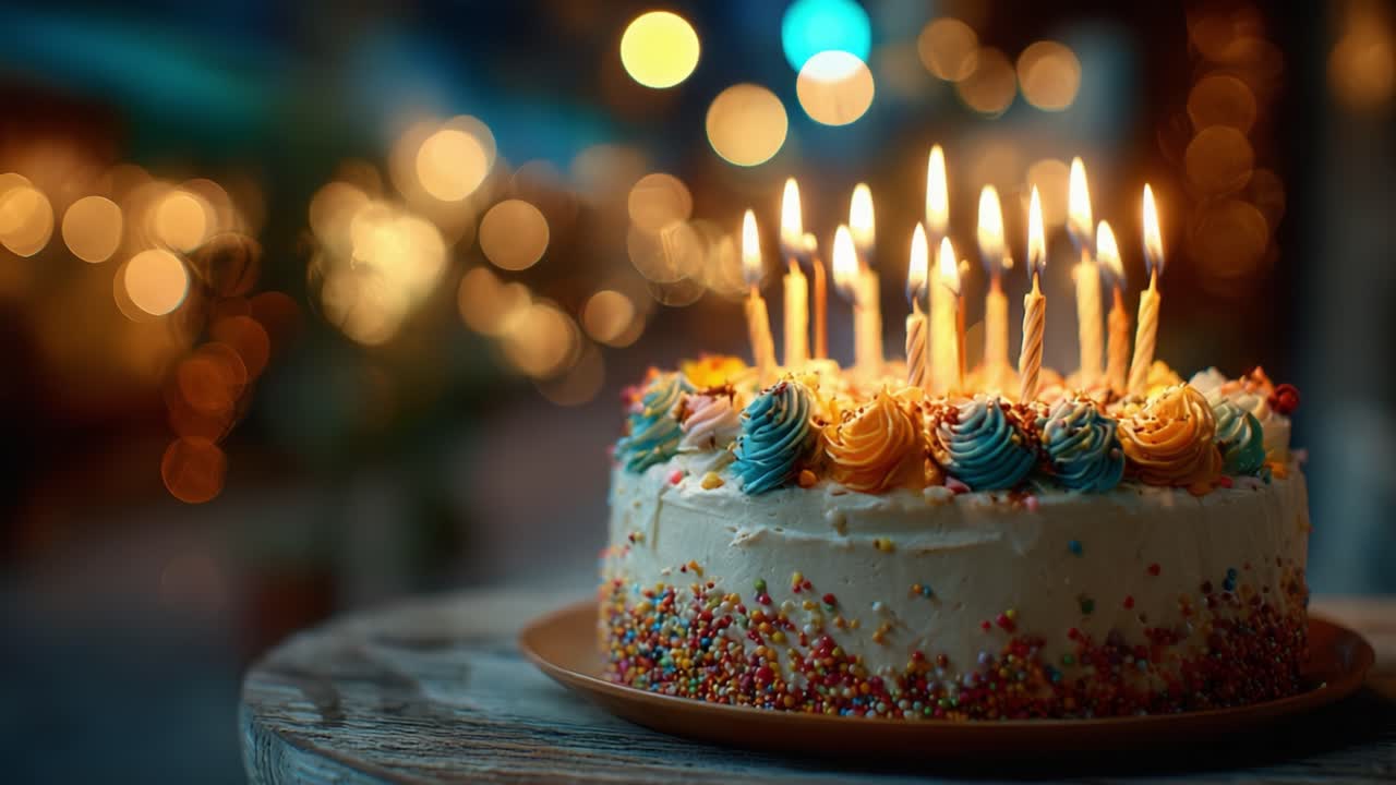 A vibrant celebration cake adorned with colorful frosting, sprinkles, and bright candles, radiating joy and festivity in a beautifully lit atmosphere, perfect for birthdays and gatherings