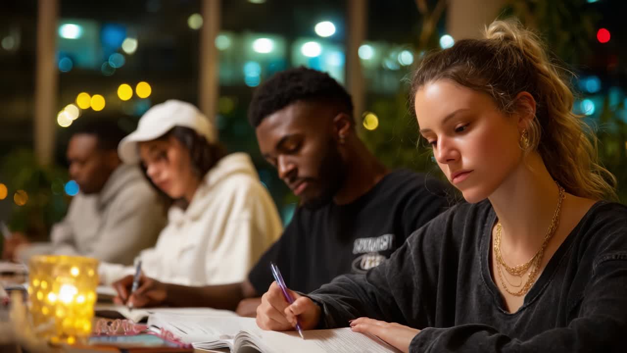 Studenti che studiano insieme di notte