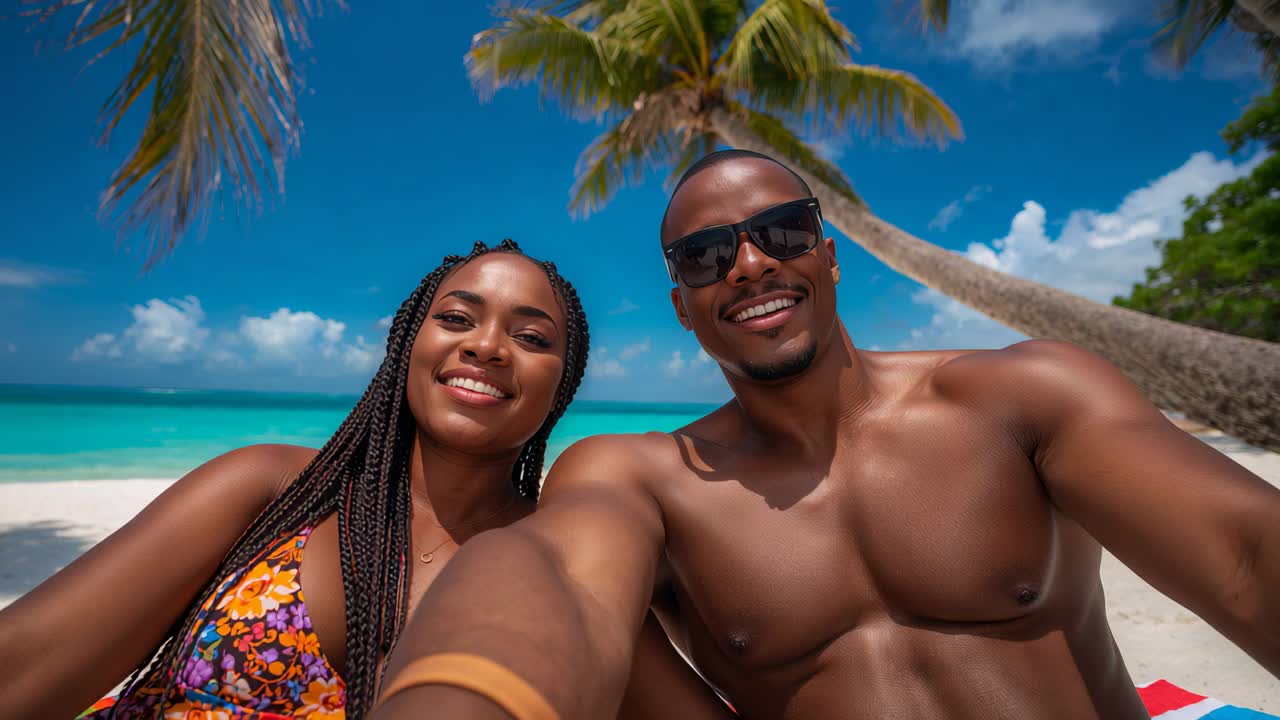 Smilende par tager en selfie på stranden under et palmetræ, hvor de holder en smartphone og kvinden er iført en bikinitop