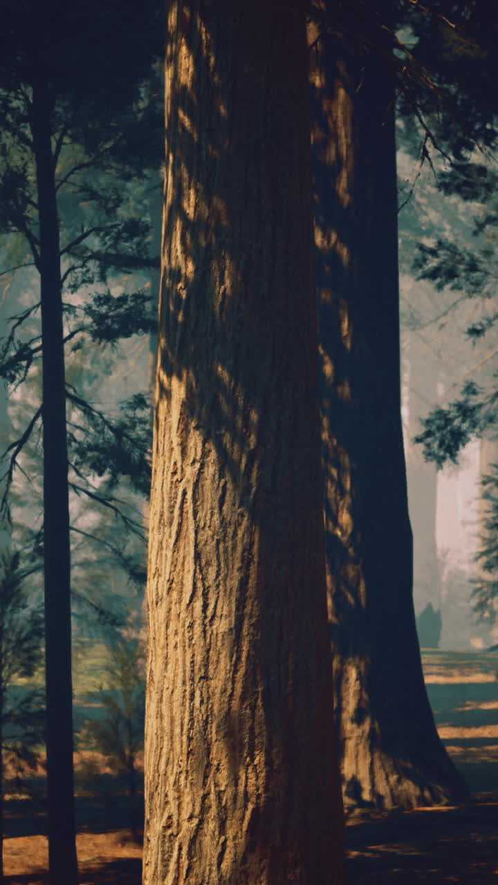 Majestic forest with towering trees and soft morning light filtering through