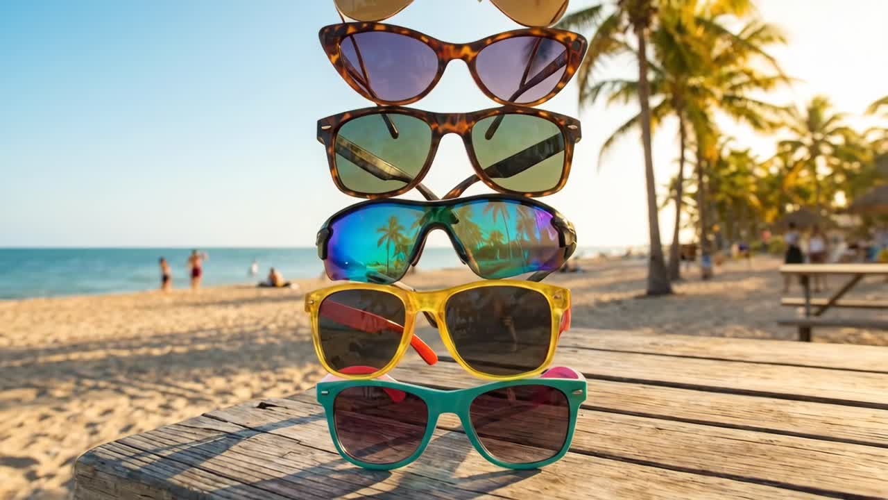 Pila de gafas de sol de colores en una mesa de madera en una playa soleada