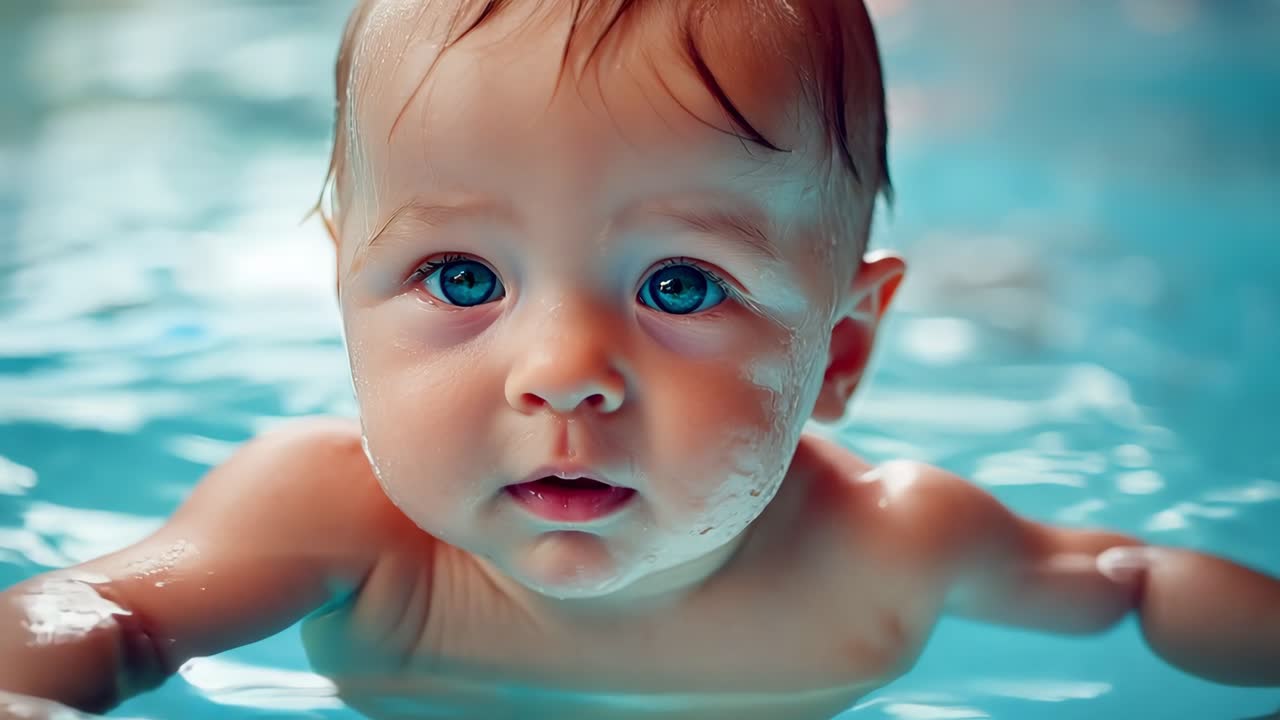 Infant gliding through pool water, showcasing big blue eyes with playful charm during joyful swimming experience captured in six photo montage of childhood wellness