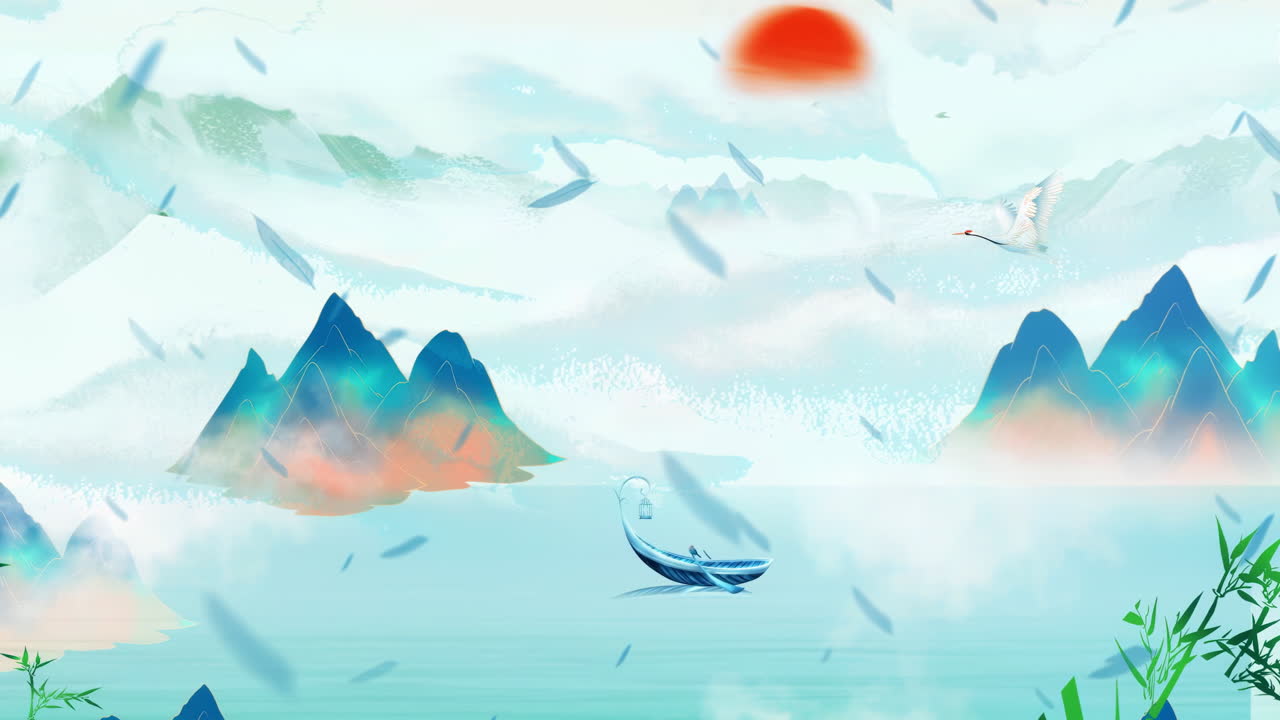 Daytime ancient traditional Chinese Japanese landscape ink Painting of beautiful calm trees, mountains, flowers, lake, water, birds, blue sky, boat, cherry blossoms season