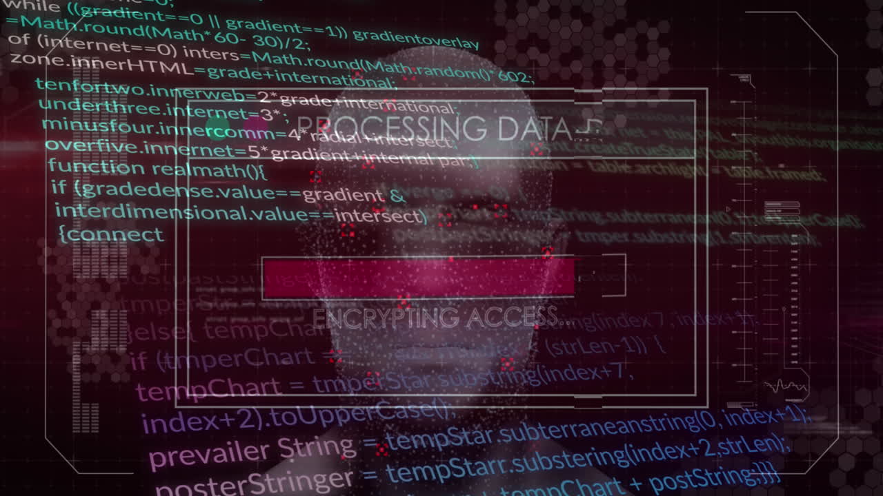 animación de la interfaz con procesamiento de datos sobre el modelo de cabeza humana giratoria en fondo rosa.