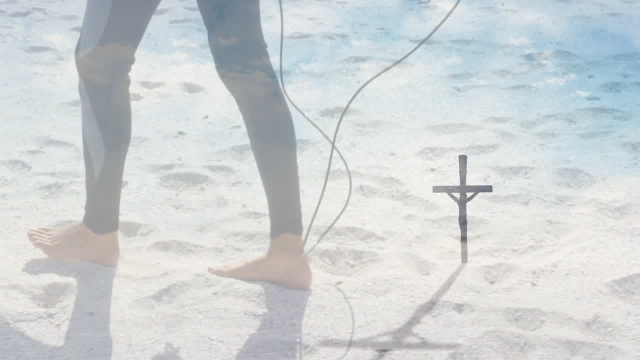 Surfer man standing barefoot on sandy beach, with animated technology wave chart and data overlays