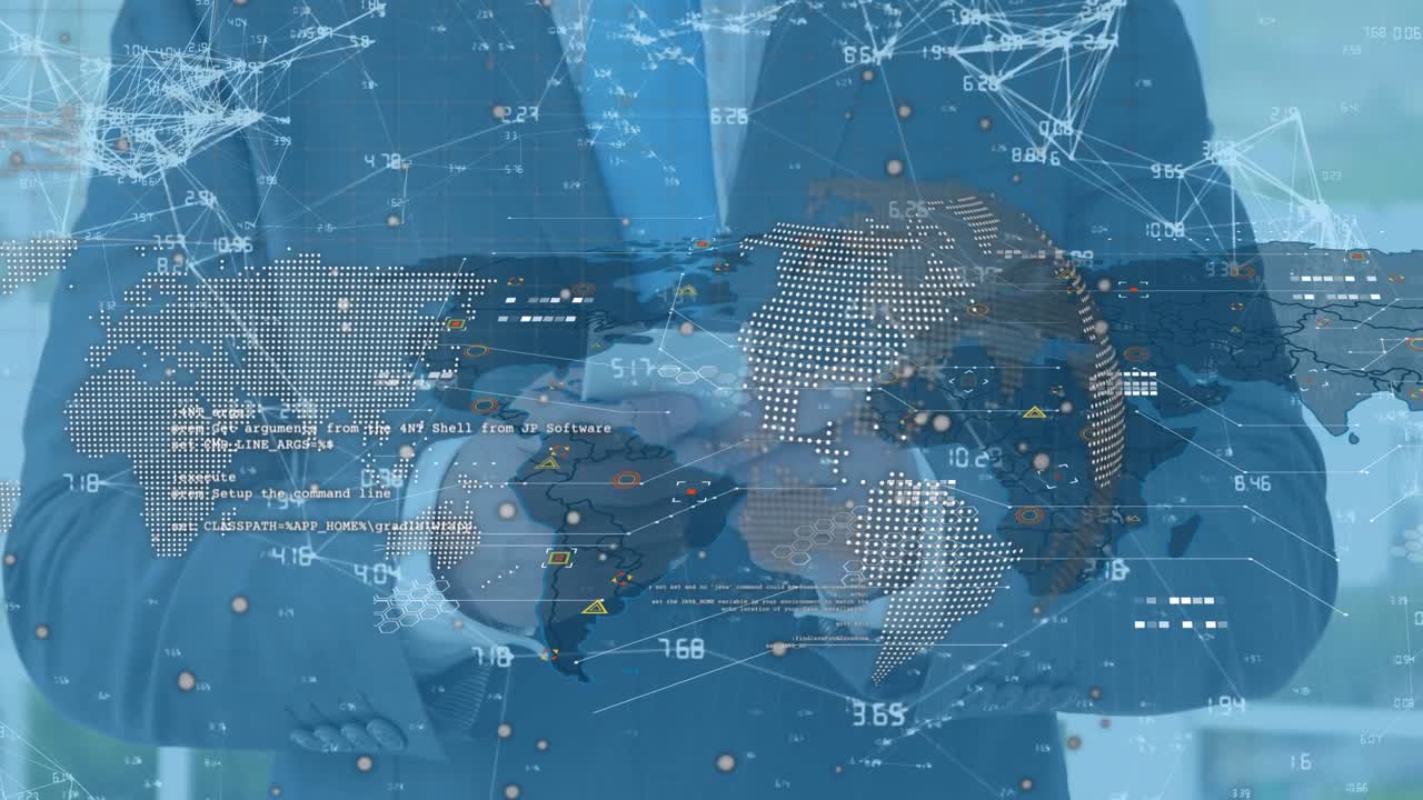 Animation of connection and data processing over african american businessman using smartphone