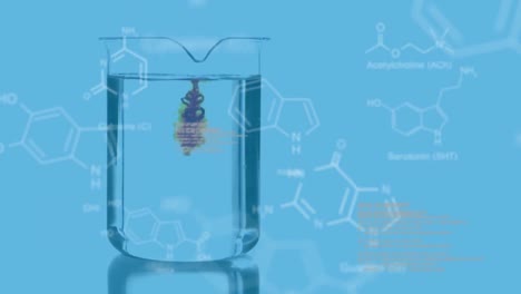 laboratory beaker falling with data and structural formula of chemical compounds in the foregroundla