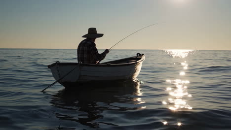 a fisherman in a small boat on the water at sunset or sunrise