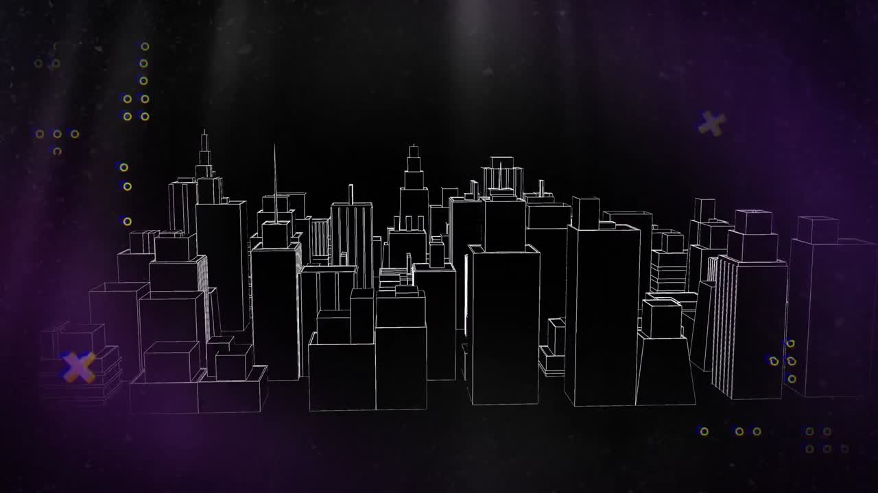 animación de paisaje urbano en 3d con marcadores en fondo negro
