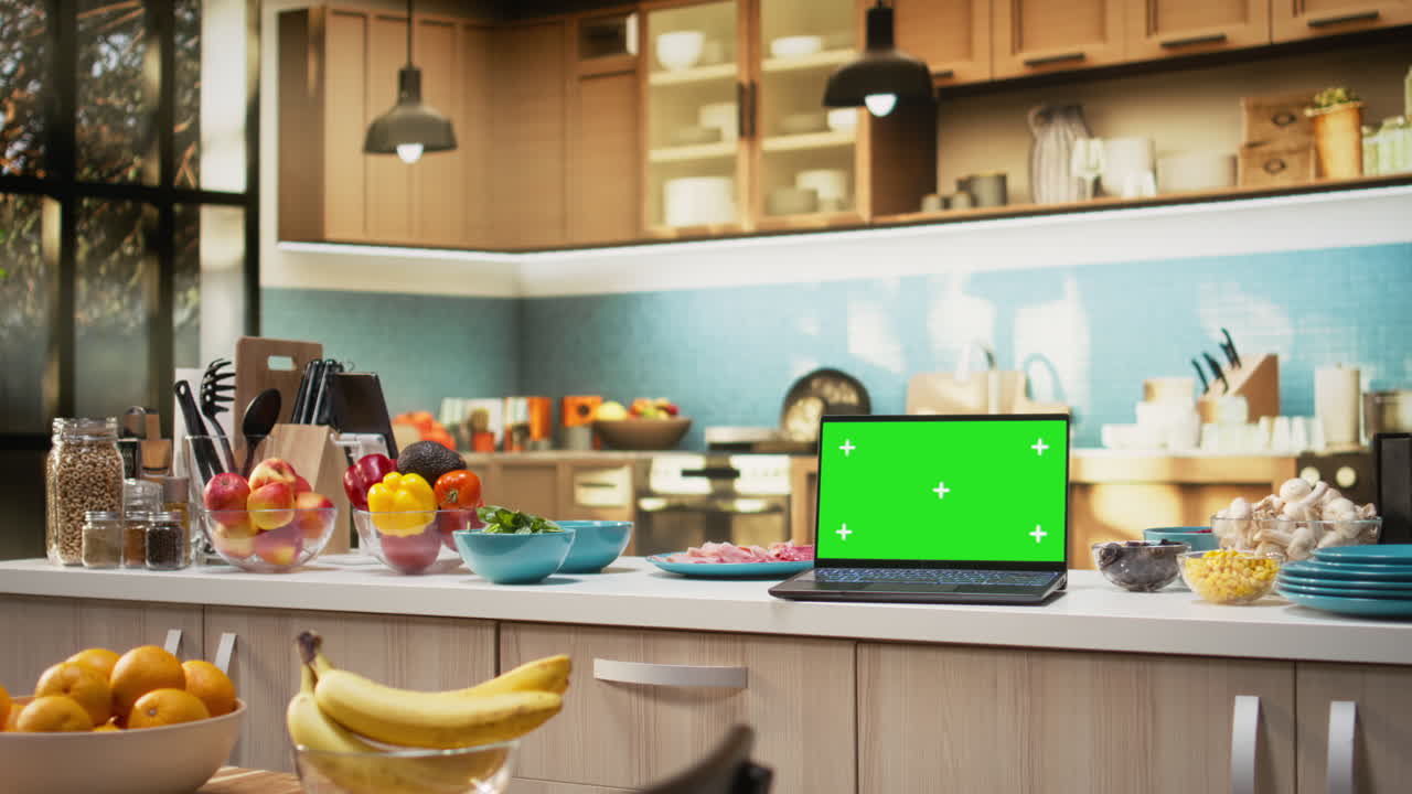 Green screen on laptop in modern home kitchen with cupboards and cookware