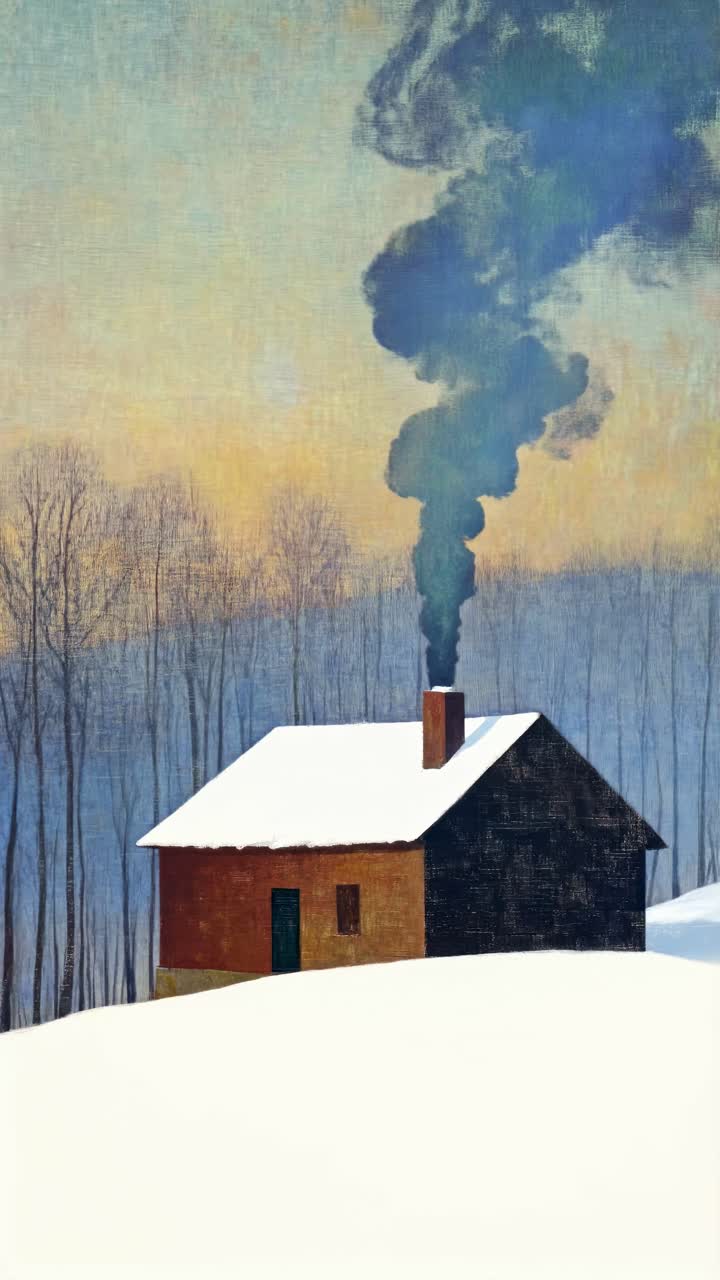 Serene winter scene with a cabin emitting smoke, captured from a low angle