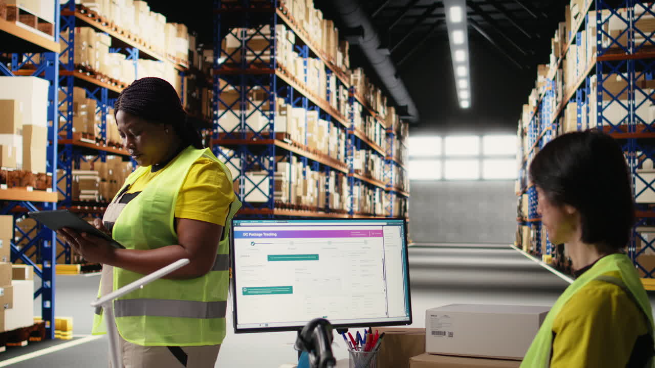 Vertical Video Black worker uses package tracking interface on tablet for inventory control