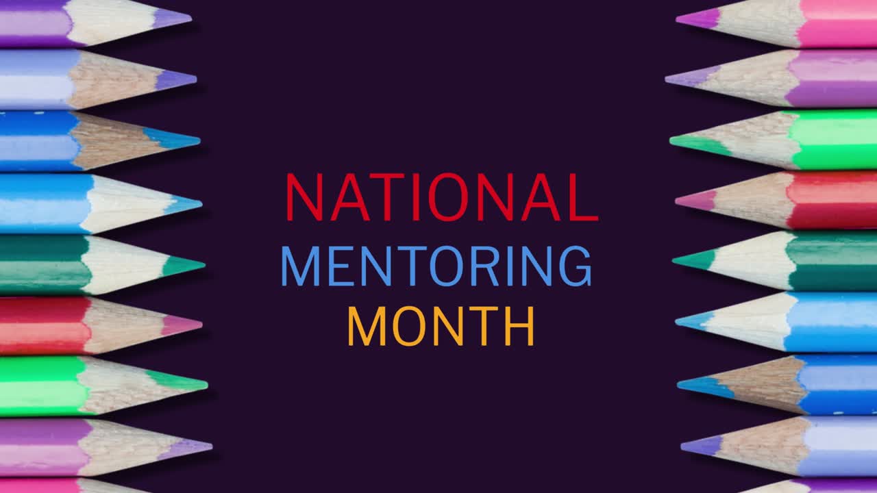 Animation of national mentoring month text with colour pencils on black background