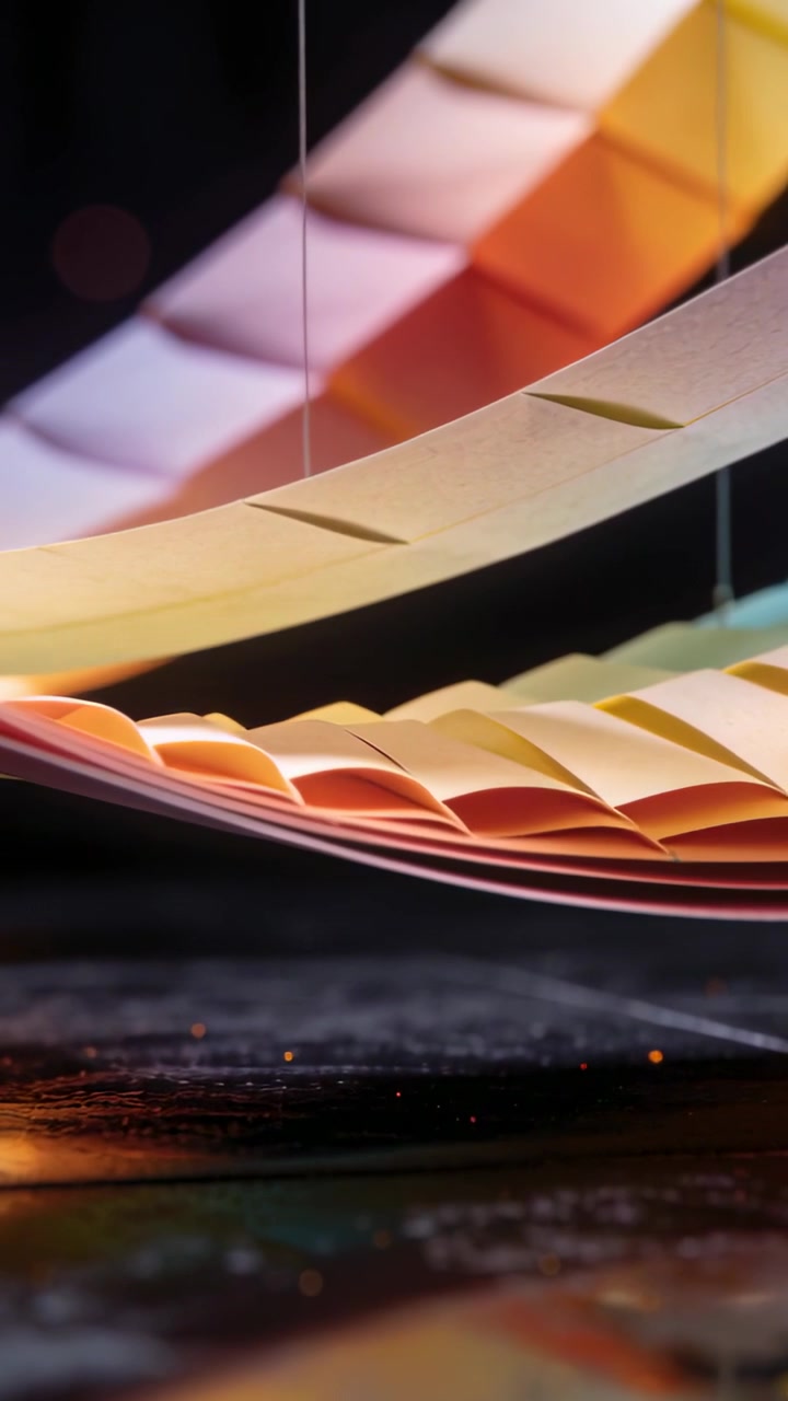 Video verticale: Telecamera panoramica mostra nastri di carta che ondeggiano sopra uno studio per un servizio fotografico d'arte, appesi a fili.
