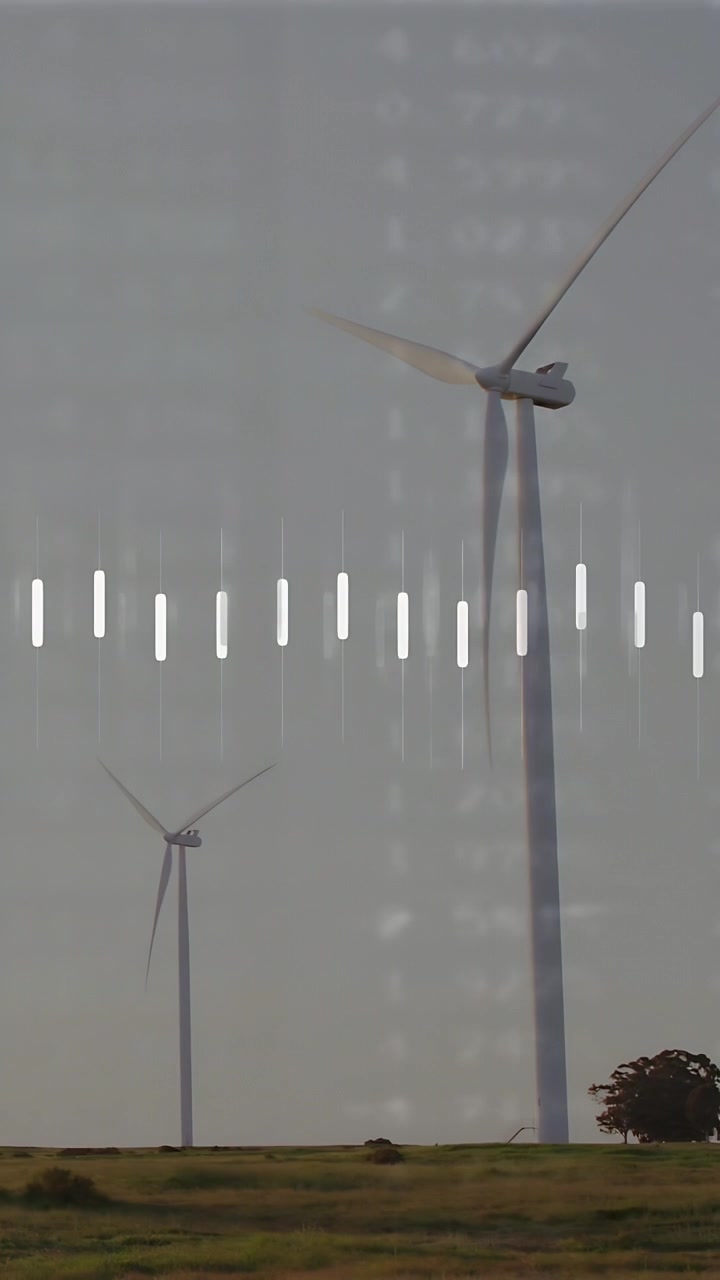 Video verticale: Turbine che girano, con una sovrapposizione che appare dalle pale, e l'inquadratura che si stringe per mostrare la potenza.