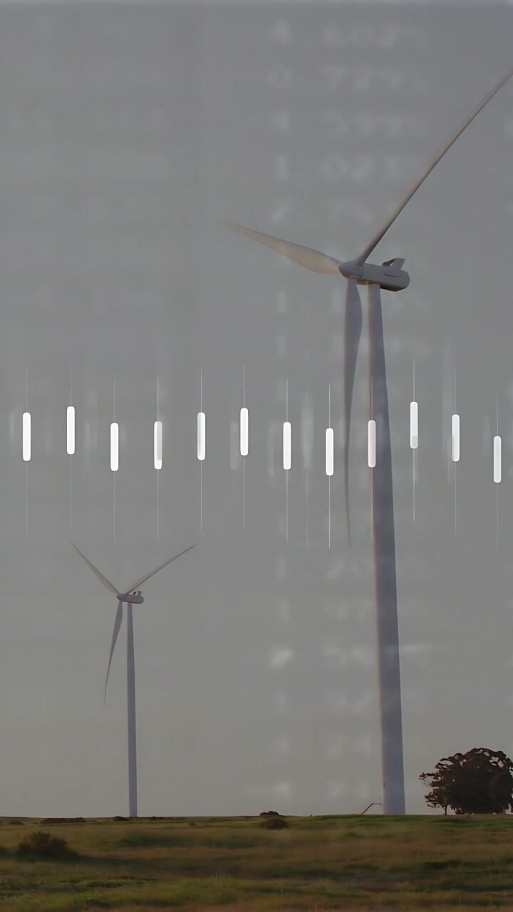 Video verticale: Turbine che girano, con una sovrapposizione che appare dalle pale, e l'inquadratura che si stringe per mostrare la potenza.