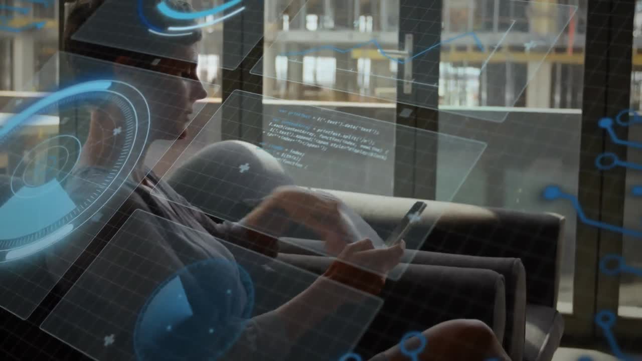 Animation of radar, circles, graph, computer language, biracial woman using smartphone